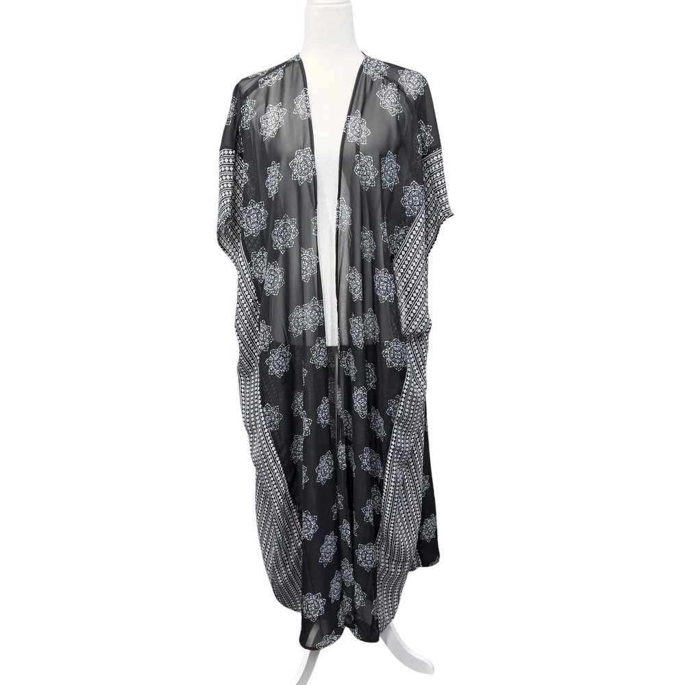Lane Bryant Kimono Women One Size Black White Medallion Print Boho Beach Resort